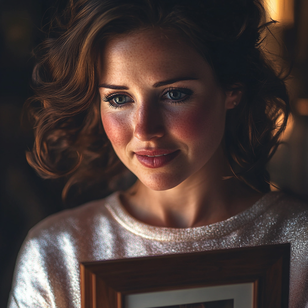 An emotional woman holding a framed photo | Source: Midjourney