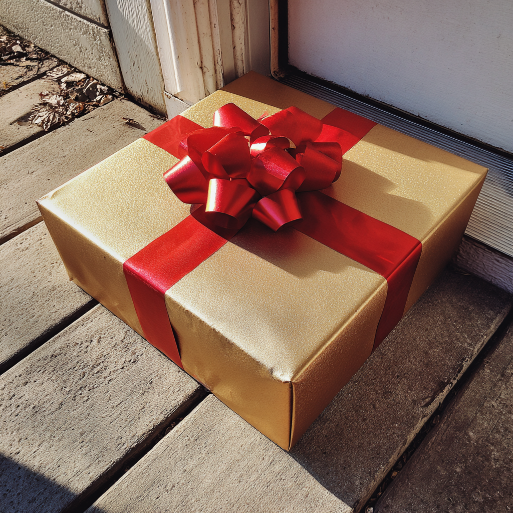 A gold wrapped box on a porch | Source: Midjourney