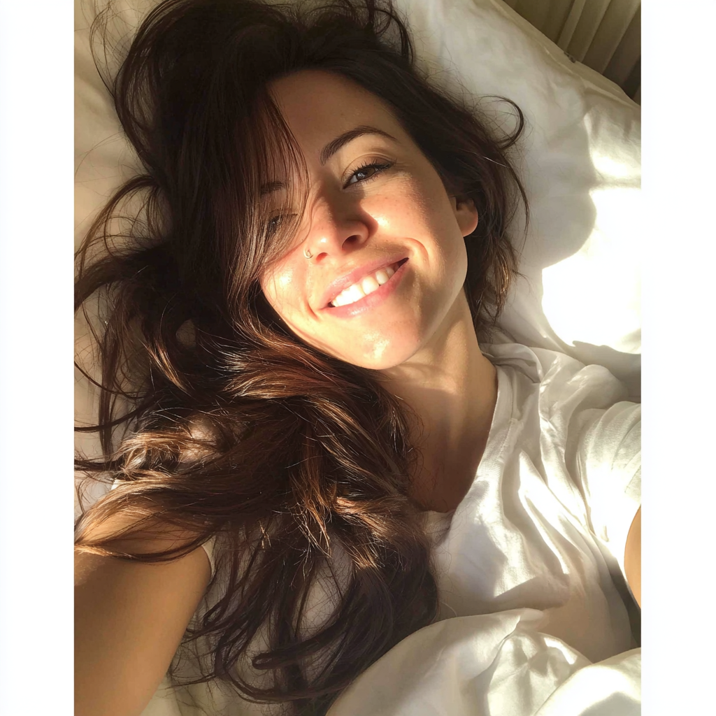 A smiling woman lying in her bed | Source: Midjourney