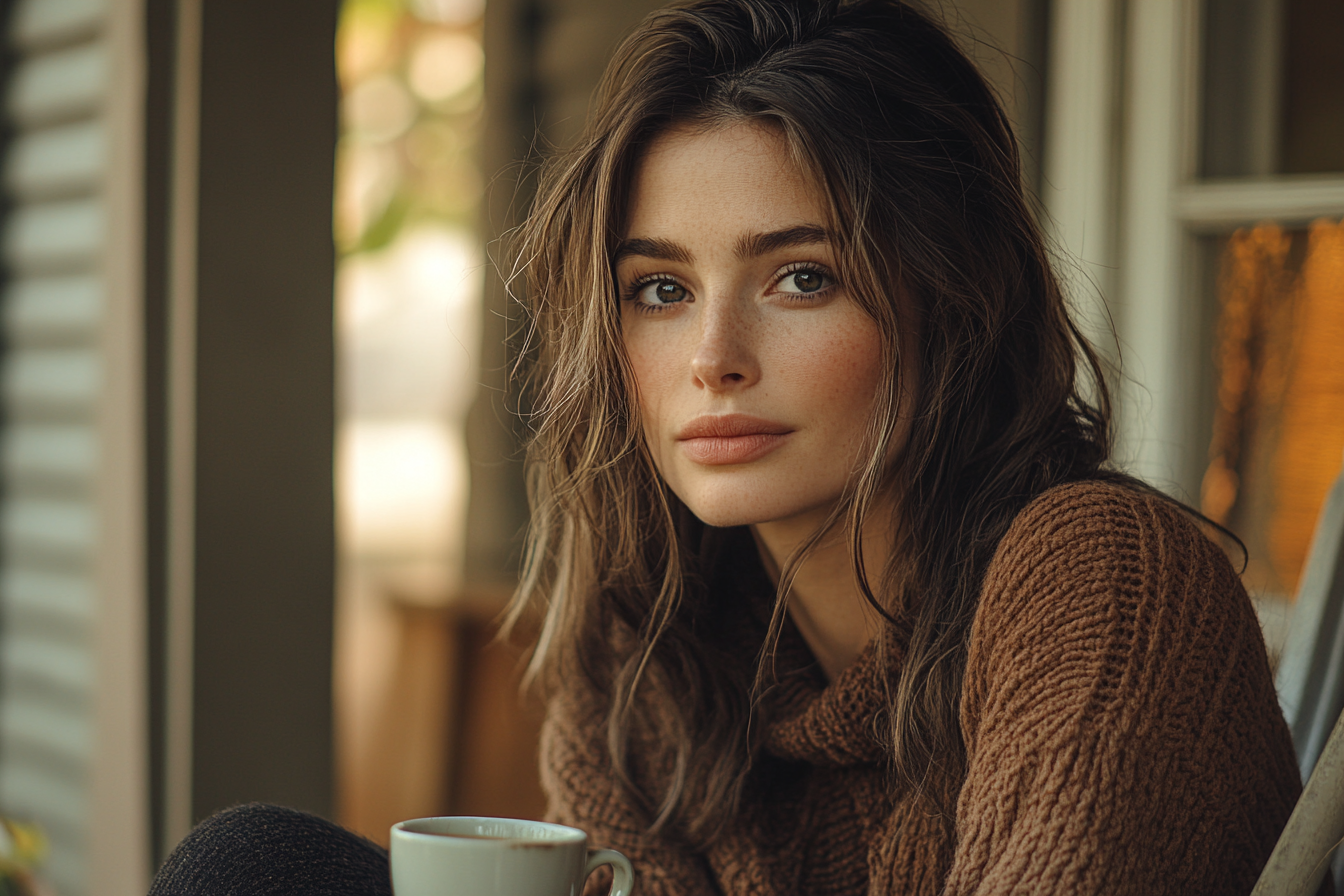 Woman sitting on the porch, having a cup of coffee | Source: Midjourney