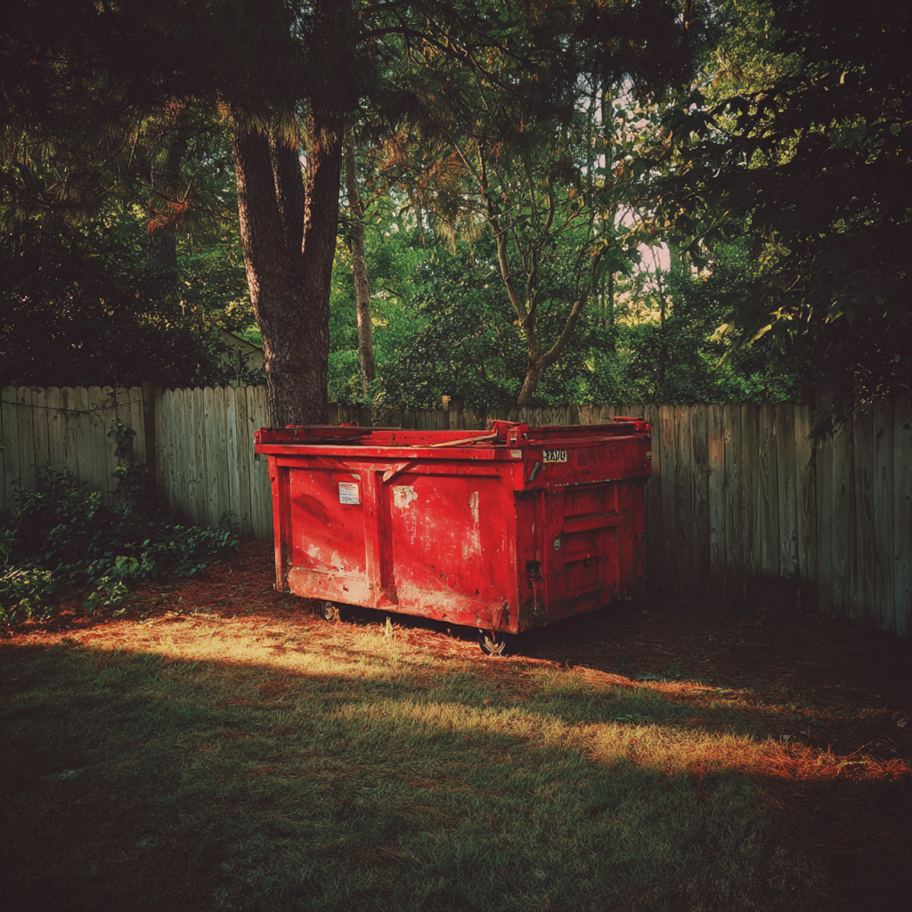 A red dumpster in a backyard | Source: Midjourney