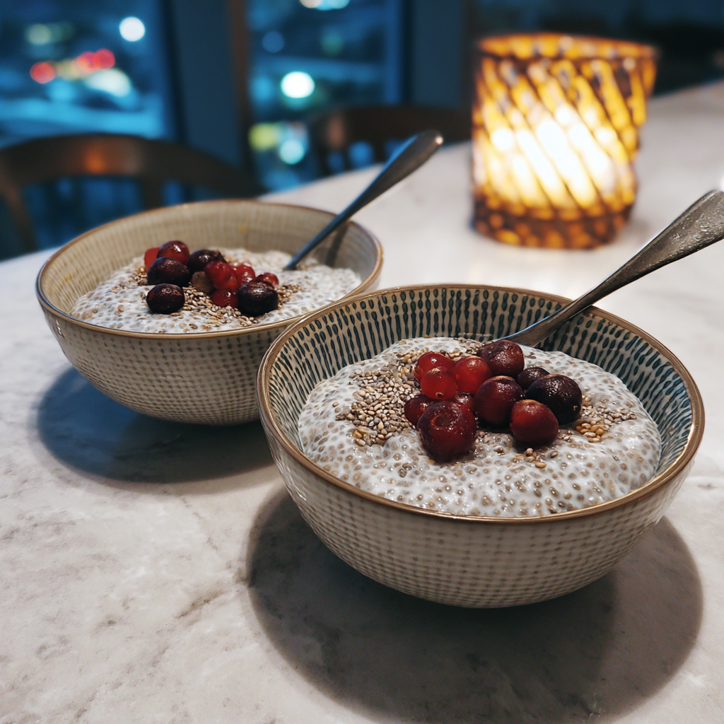 Two bowls of chia pudding on a counter | Source: Midjourney