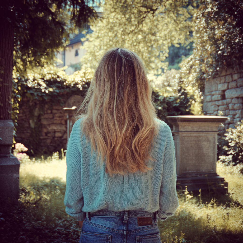 A woman standing in front of a tombstone | Source: Midjourney