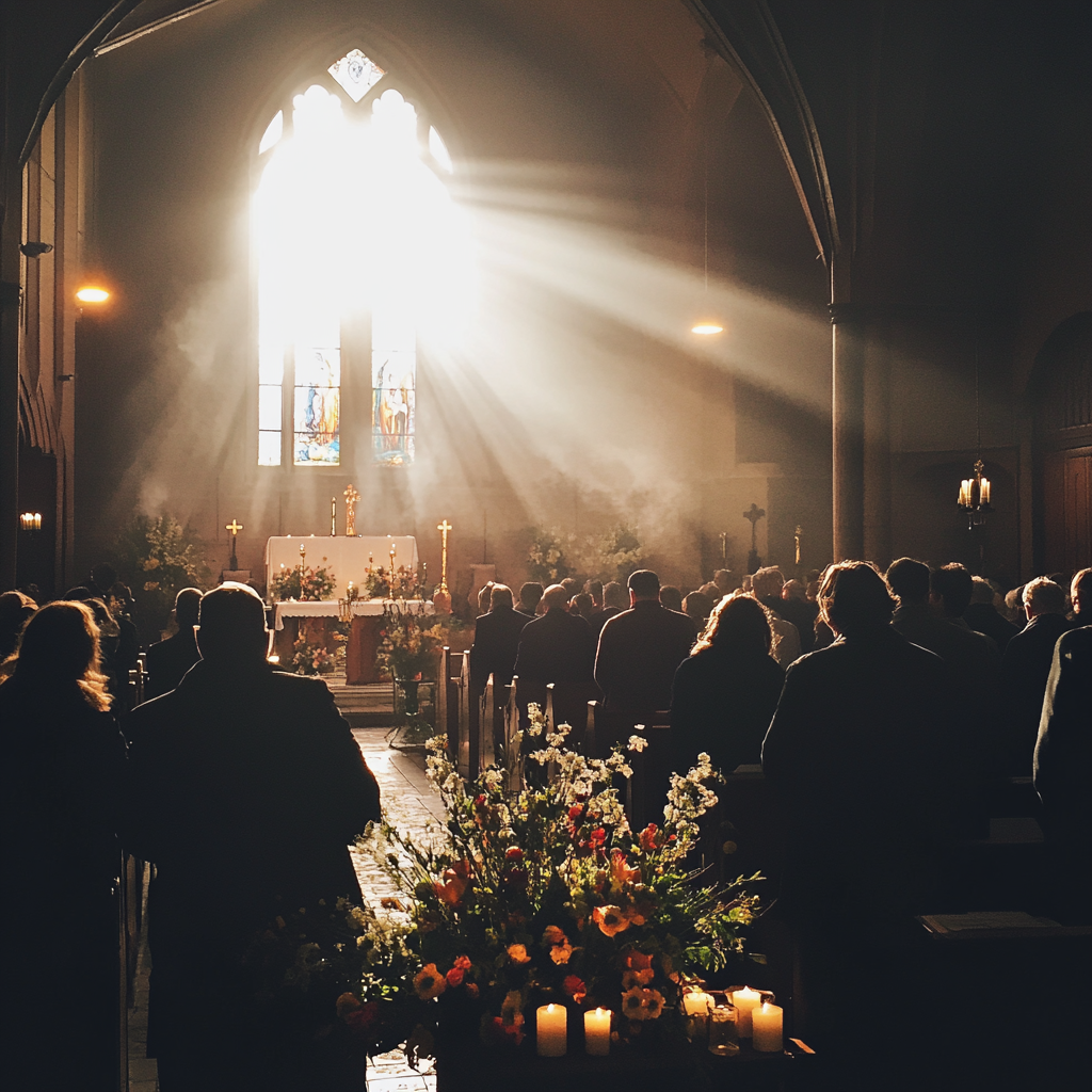 A funeral scene at a church | Source: Midjourney