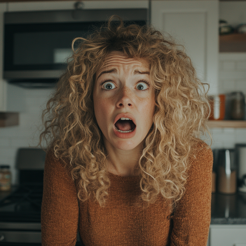 A shocked woman in her kitchen | Source: Midjourney