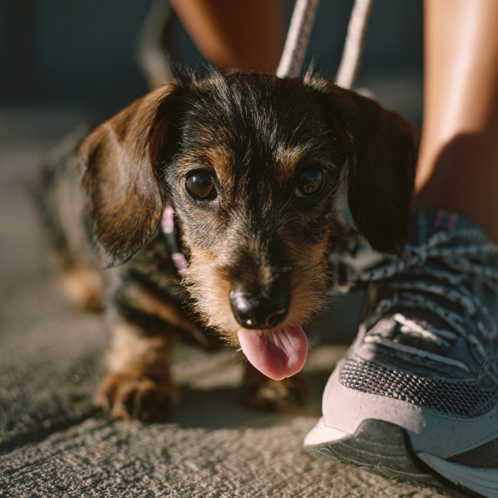 A dog near a runner's sneaker | Source: Midjourney