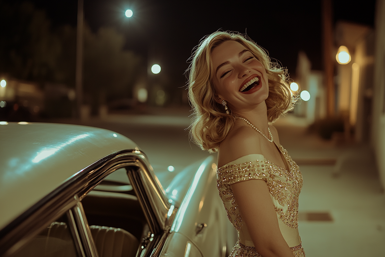 A woman laughing next to a luxury sedan | Source: Midjourney