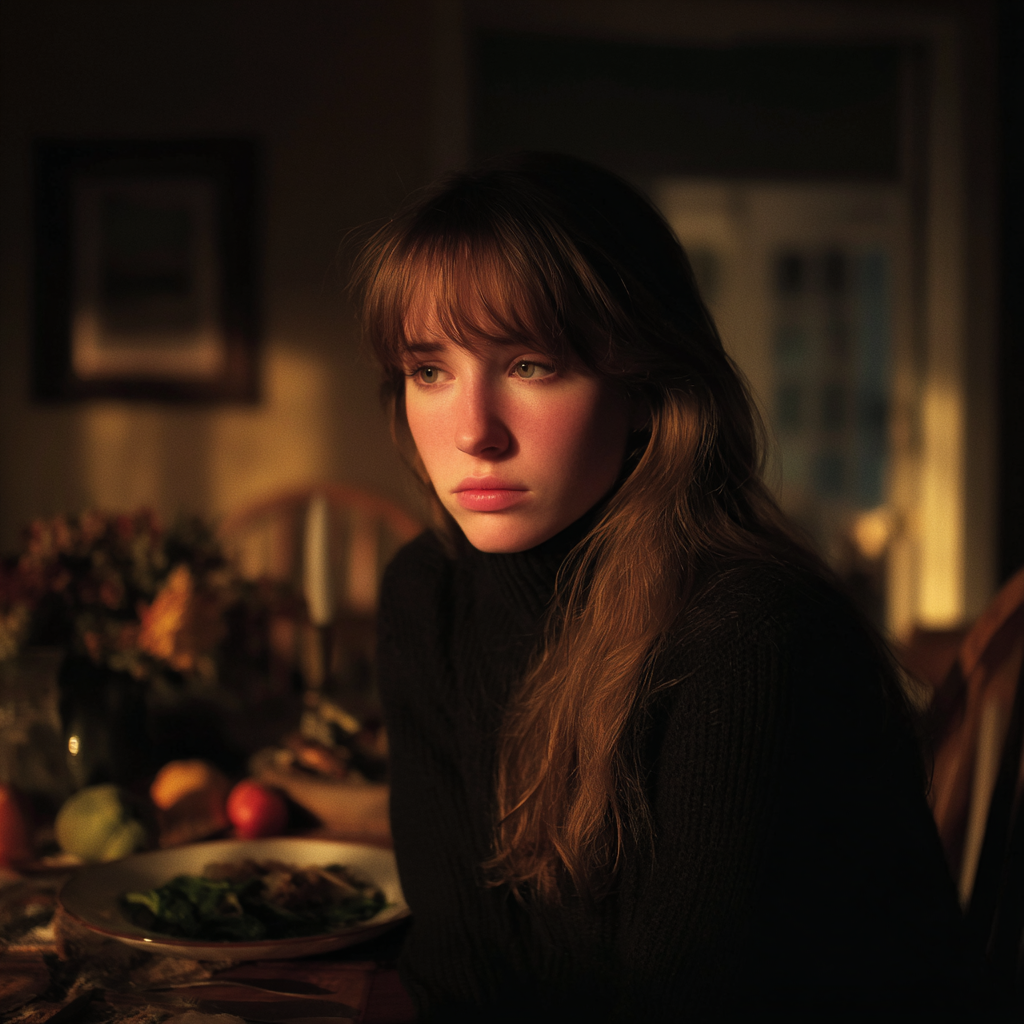 An emotional woman sitting at a dinner table | Source: Midjourney