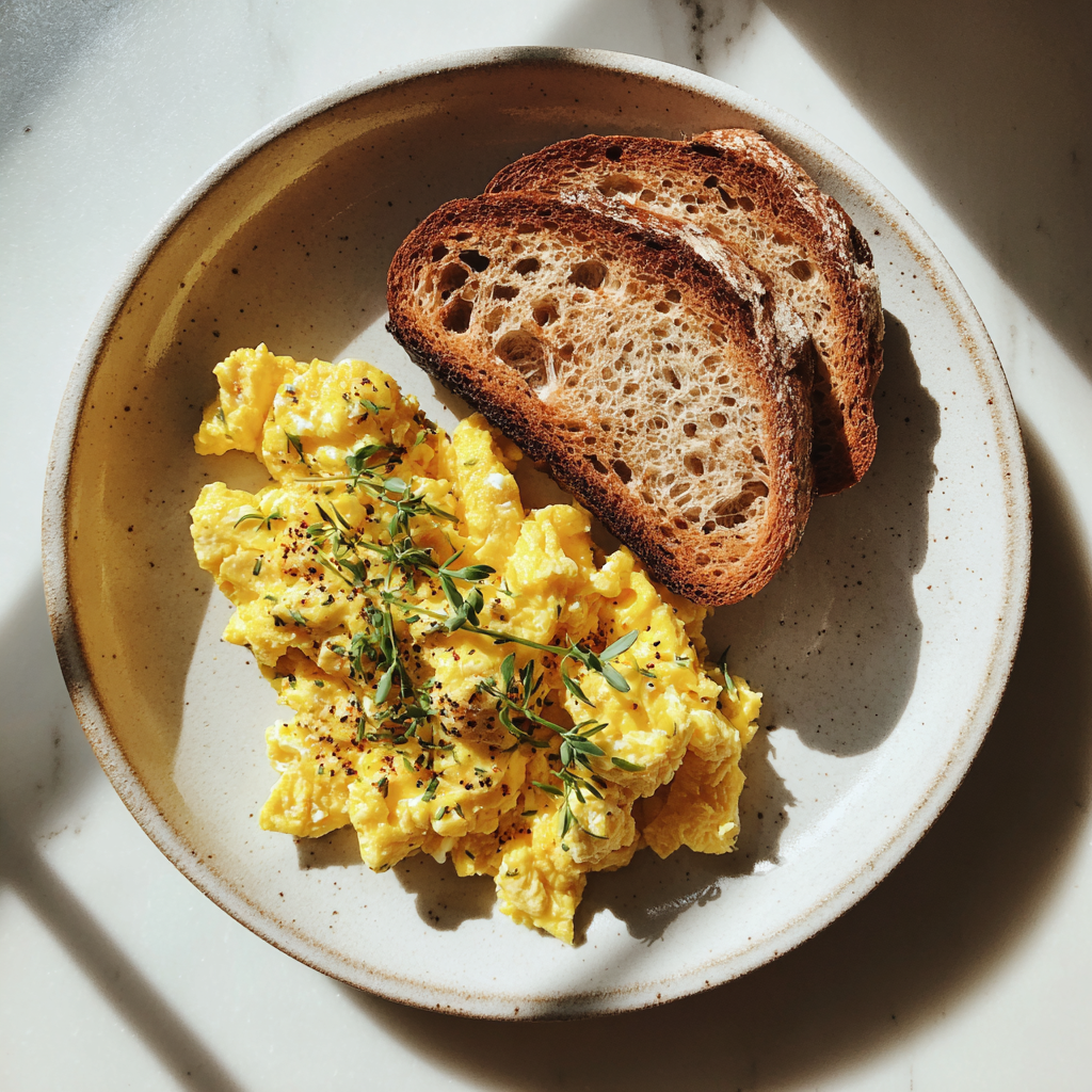 A plate of scrambled eggs and toast | Source: Midjourney