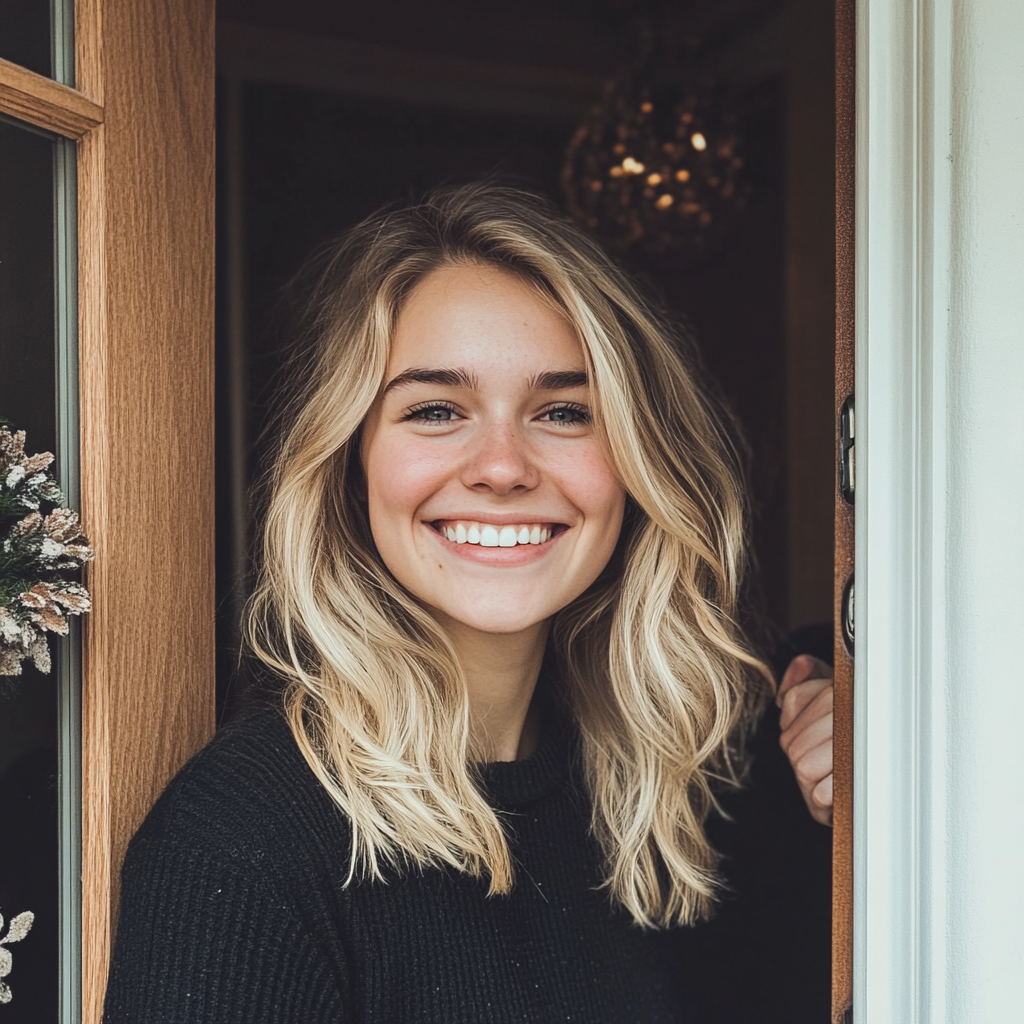 Une femme debout devant une porte d'entrée | Source : Midjourney