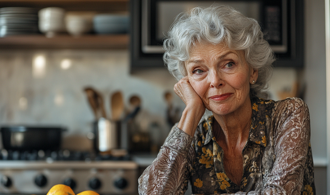 A mature woman sitting at a table | Source: Midjourney