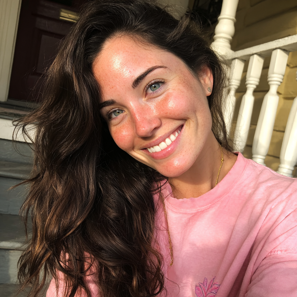 A smiling woman sitting on a porch | Source: Midjourney