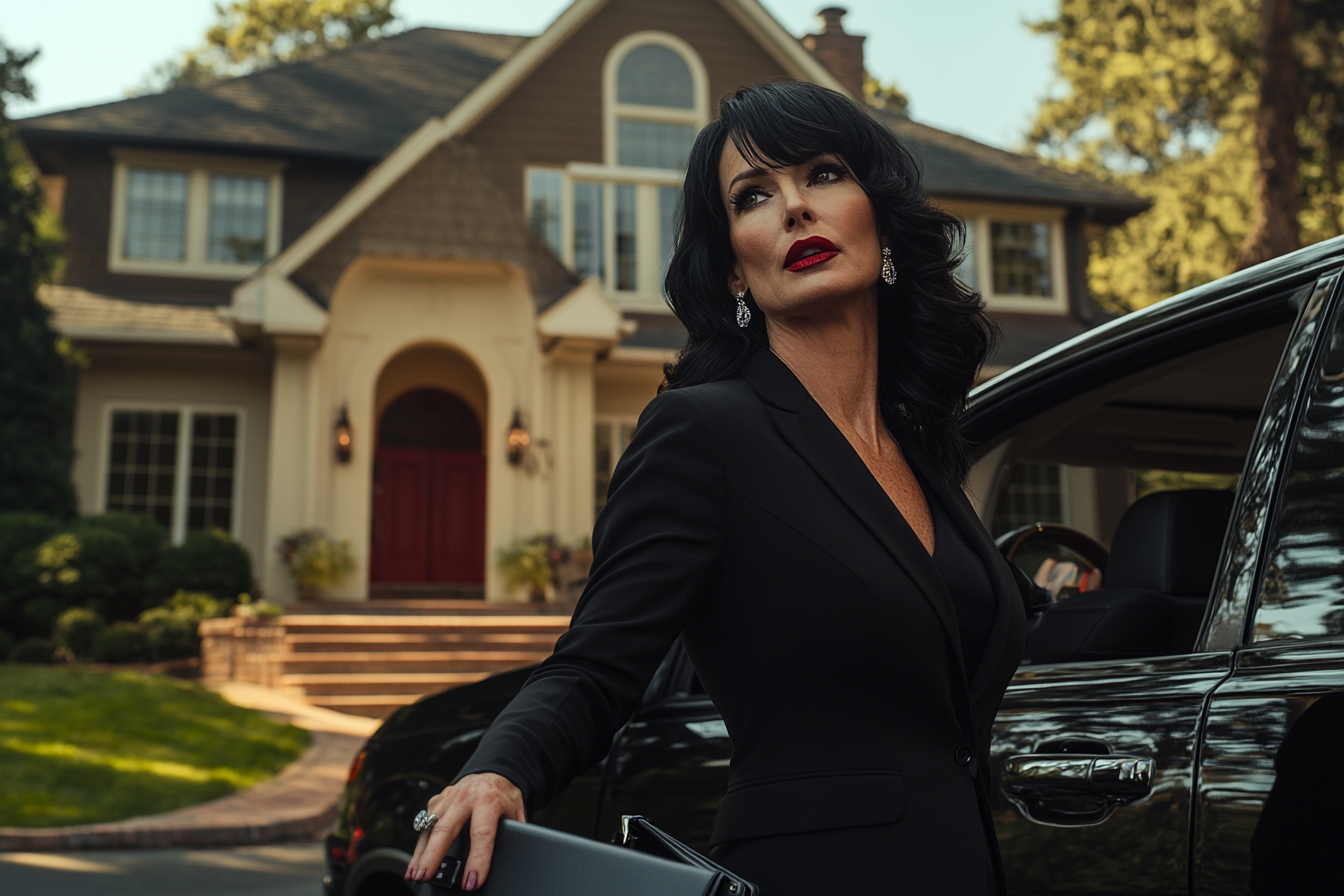 Elegant woman in her late 30s dressed in a black suit getting into a black SUV holding a briefcase | Source: Midjourney