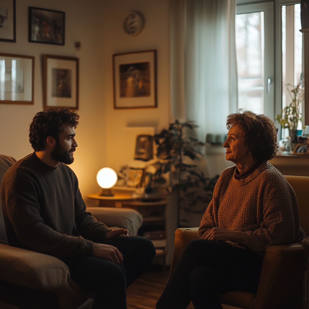 A man talking to his mother | Source: Midjourney