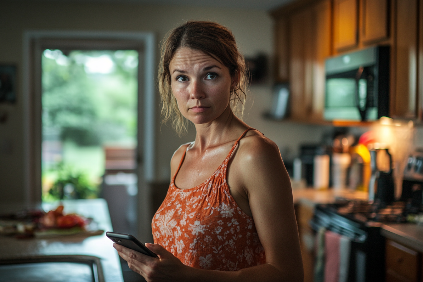 A woman in a kitchen holding her cell phone | Source: Midjourney