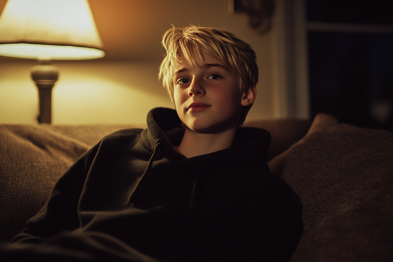 A blonde teen boy smiling on a couch | Source: Midjourney