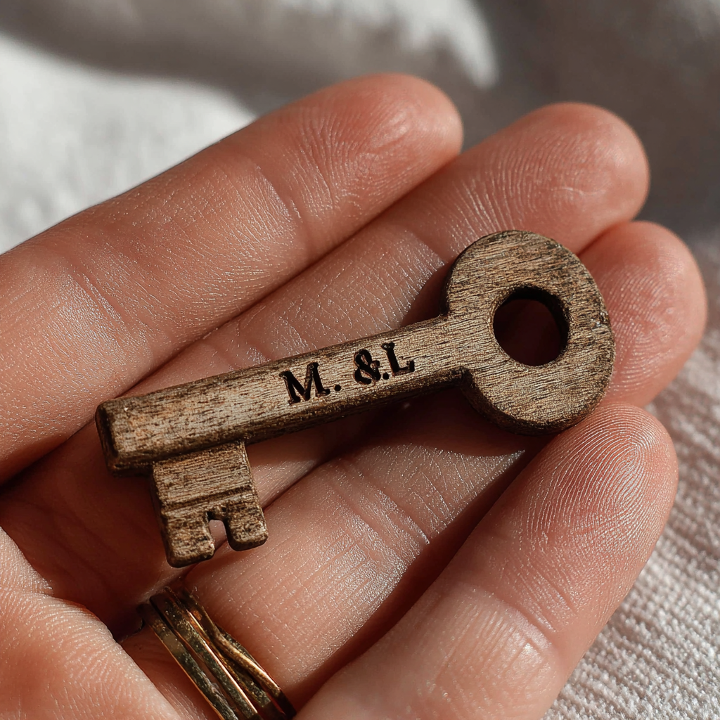 A wooden key lying in a woman's hand | Source: Midjourney
