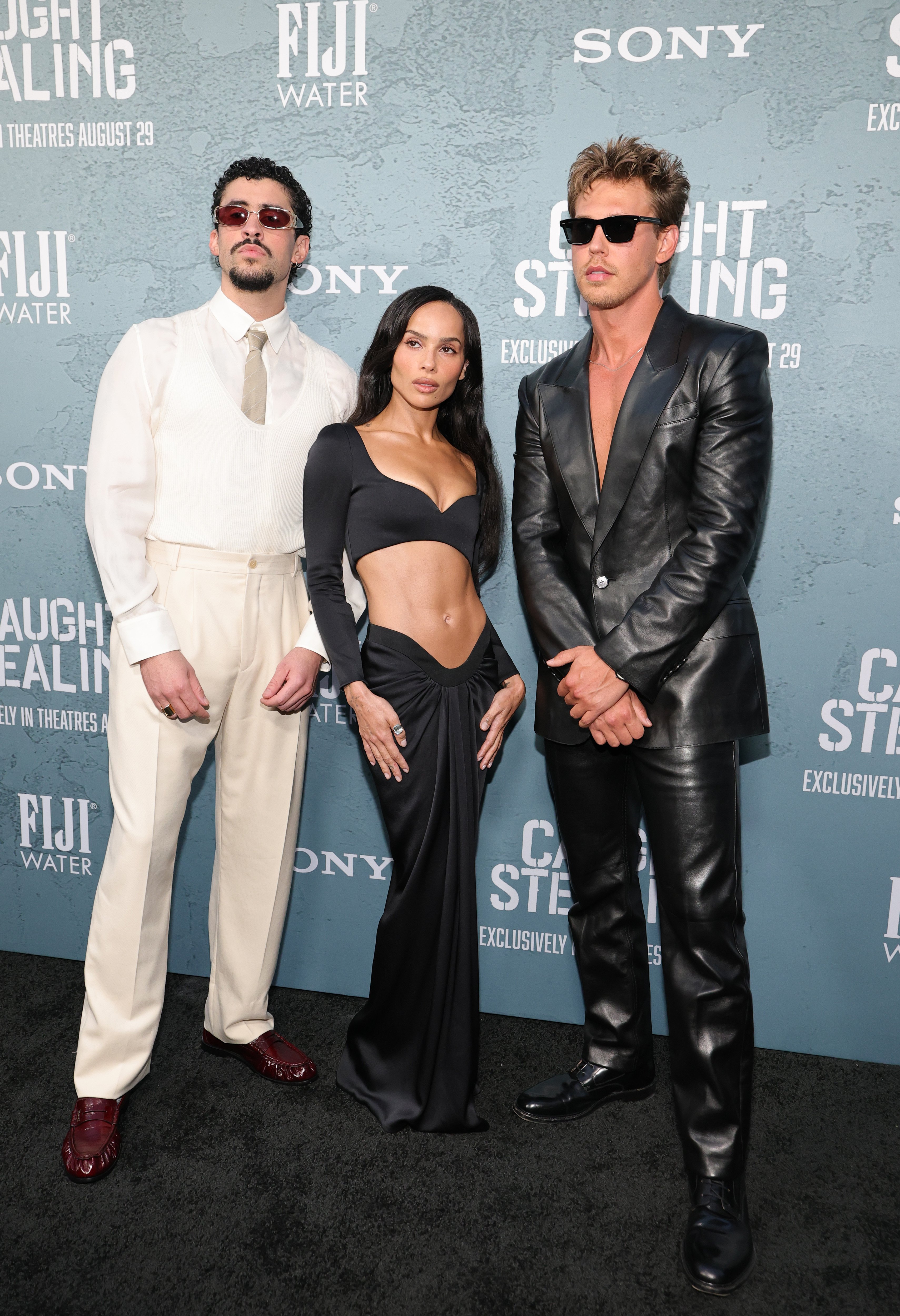 Bad Bunny, Zoë Kravitz and Austin Butler attend Columbia Pictures' "Caught Stealing" premiere at Regal Union Square on August 26, 2025 in New York City. | Source: Getty Images