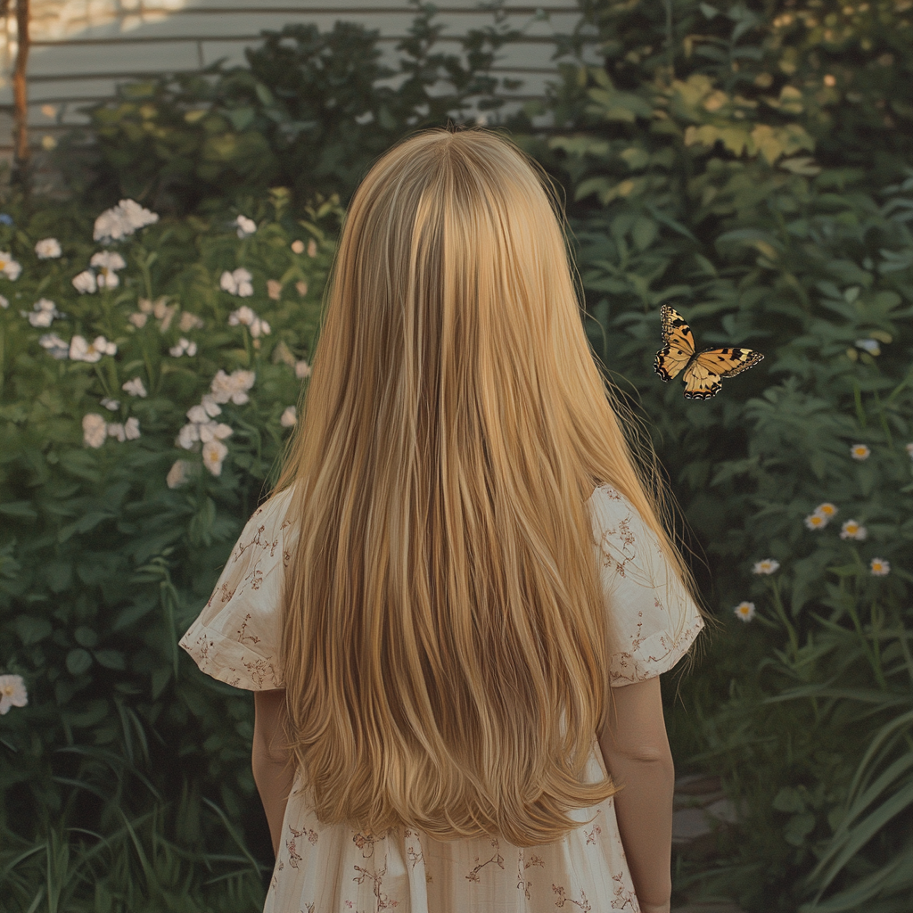 A girl looking at a butterfly | Source: Midjourney