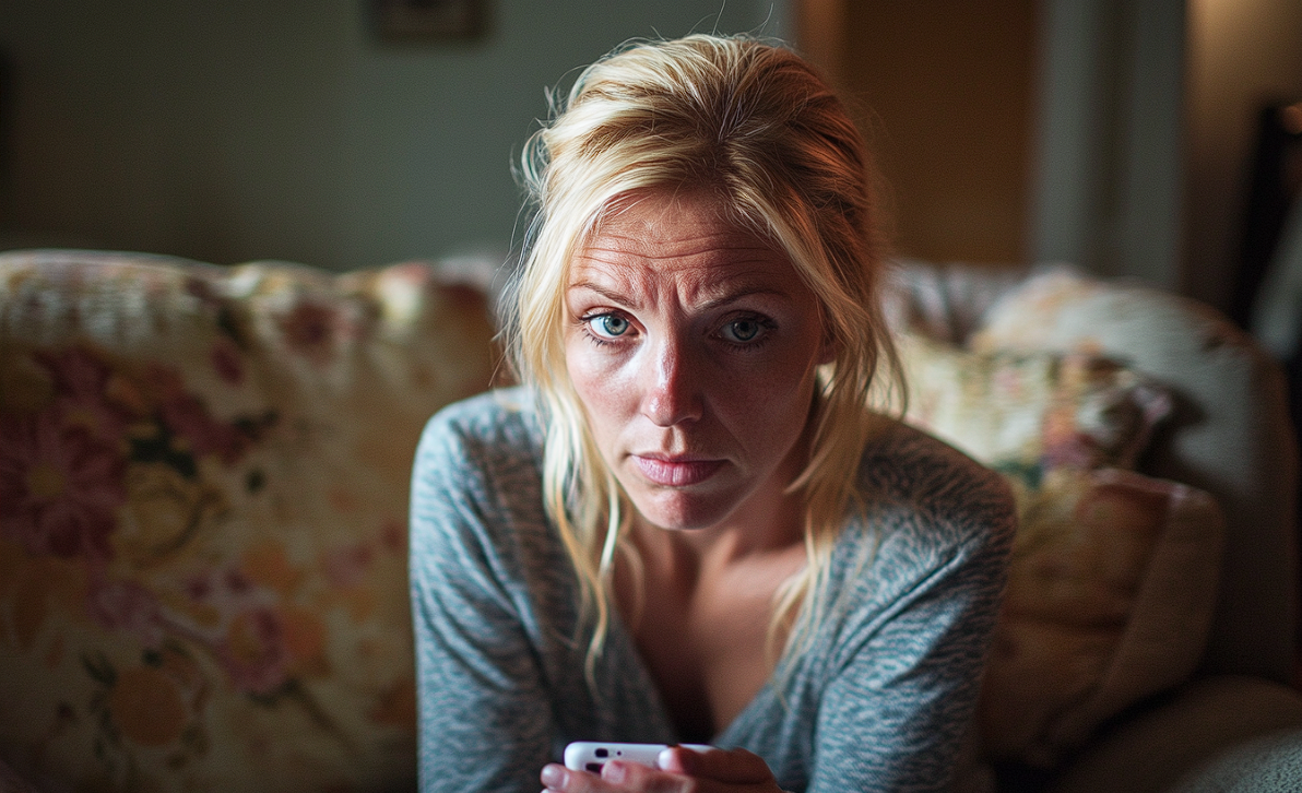 A thoughtful woman sitting on a sofa | Source: Midjourney