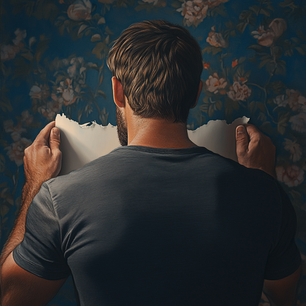 Un homme arrache un papier peint fleuri | Source : Midjourney