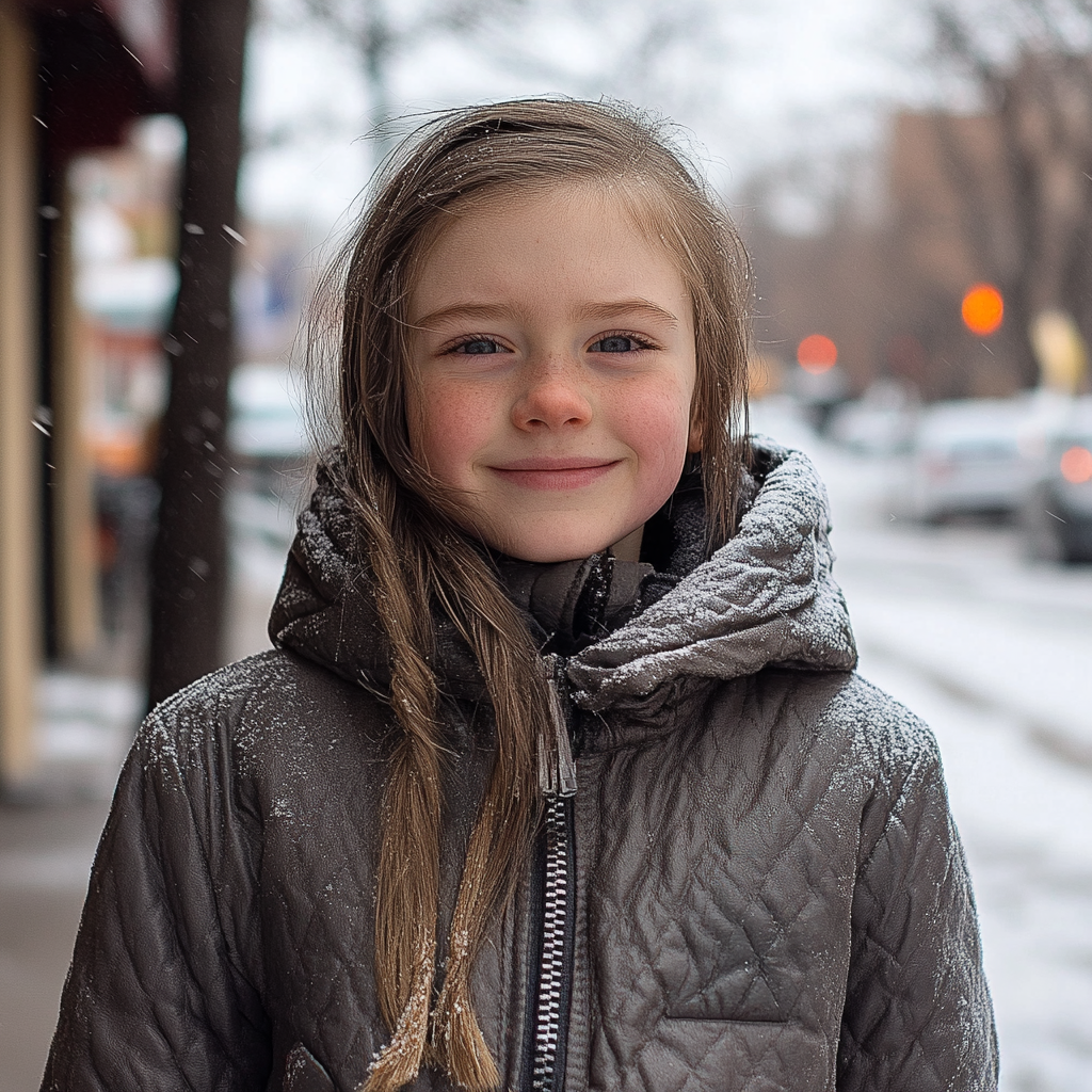 A smiling young girl wearing a warm winter jacket in icy cold weather | Source: Midjourney