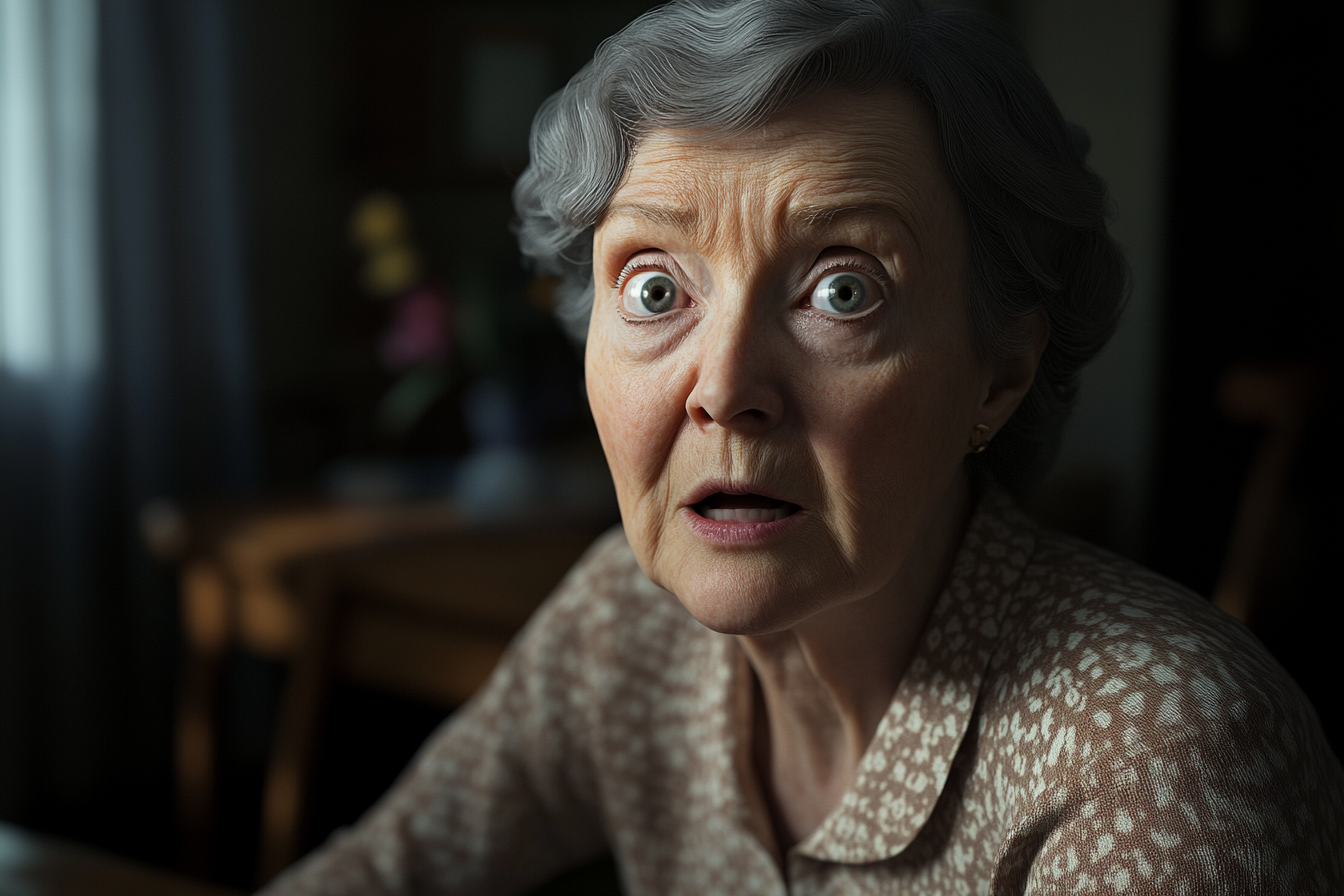 An older woman looking straight ahead with wide eyes | Source: Midjourney