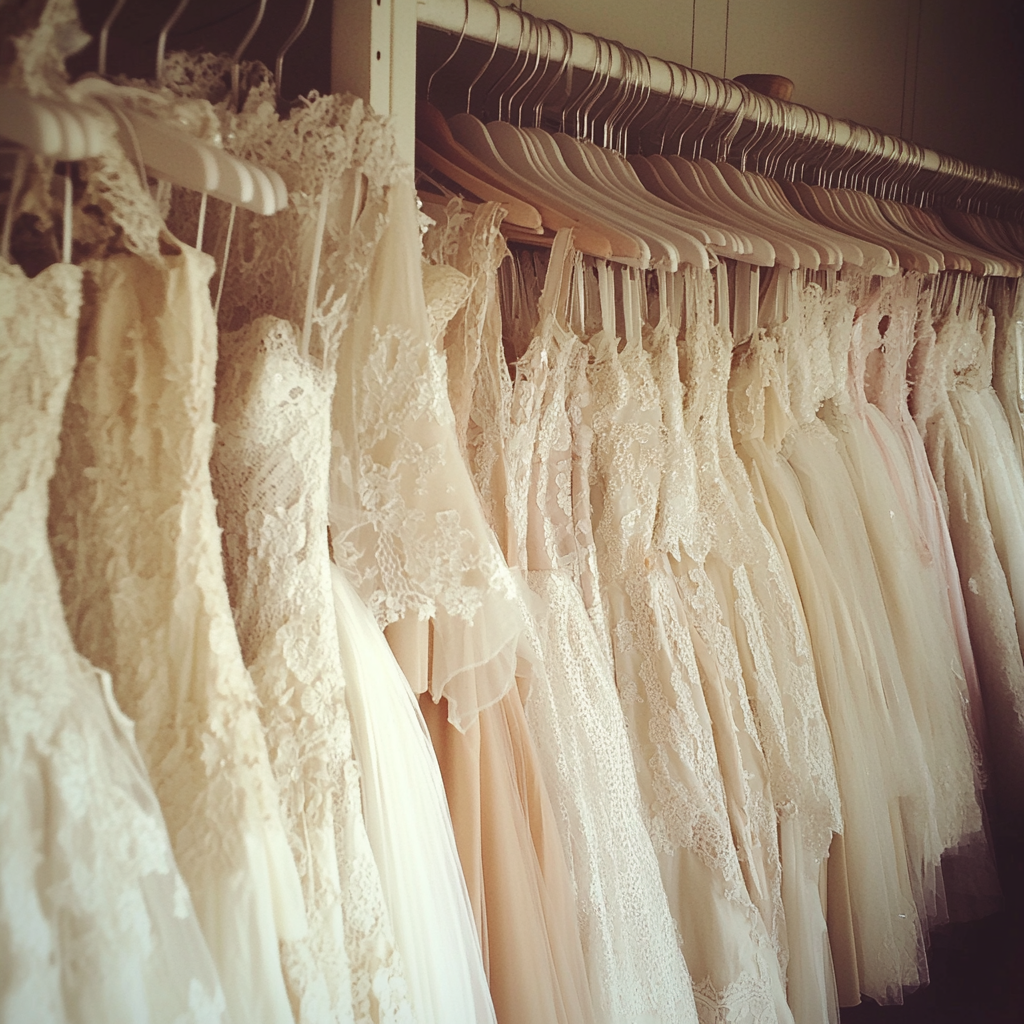 A row of wedding dresses | Source: Midjourney