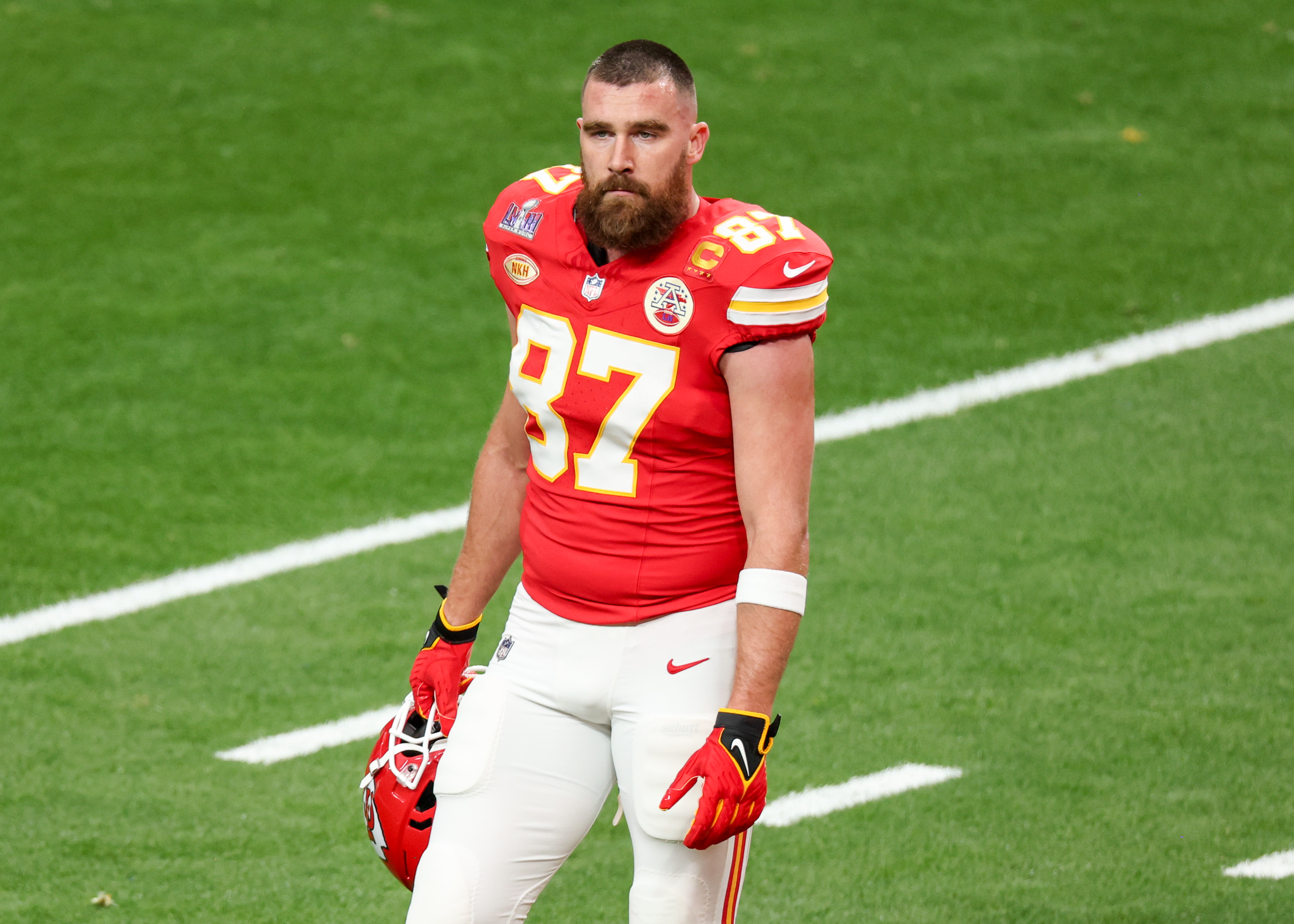 Travis Kelce at the Super Bowl LVIII Pregame held at Allegiant Stadium on February 11, 2024, in Paradise, Nevada | Source: Getty Images