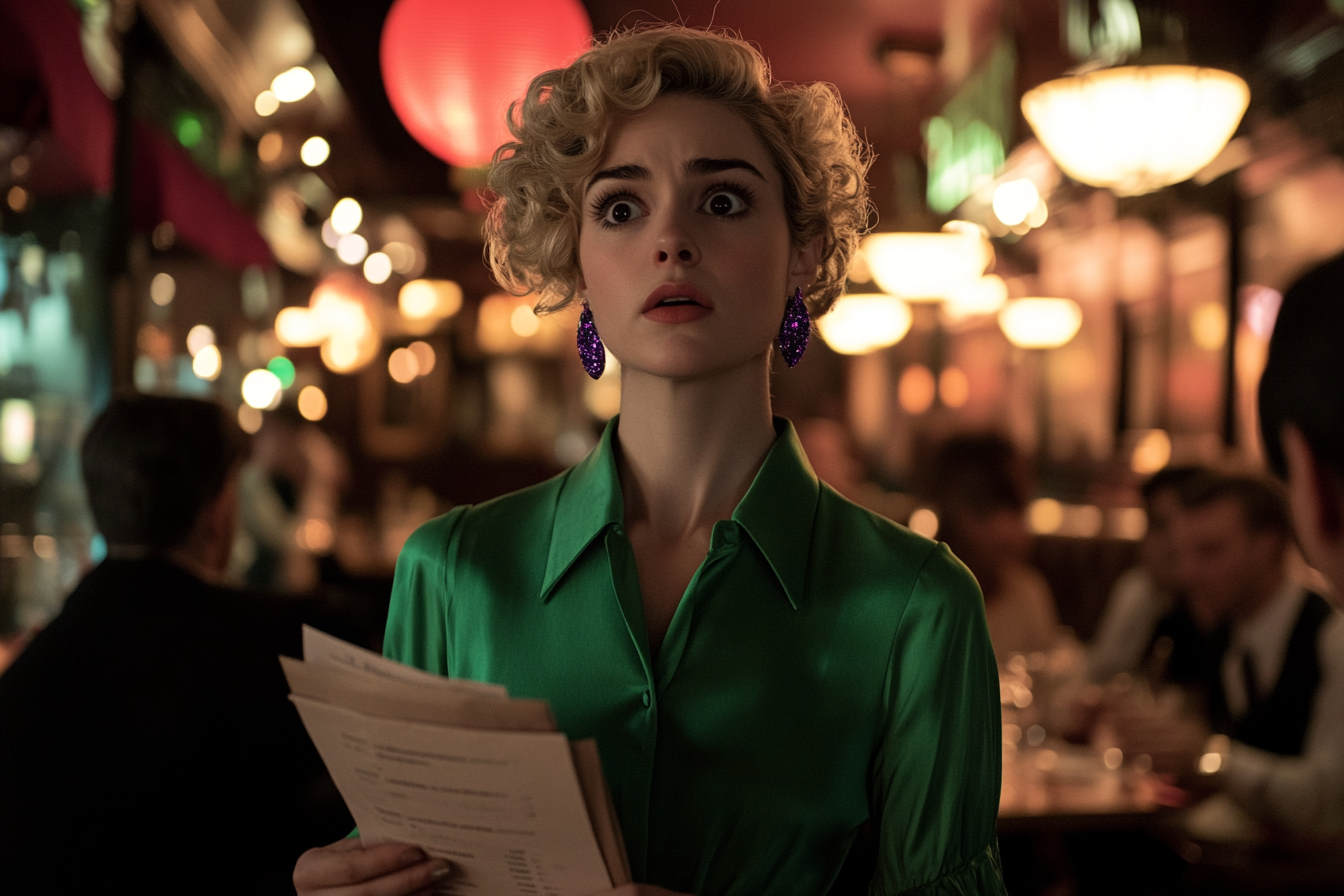 A woman standing in a restaurant looking confused while holding papers | Source: Midjourney