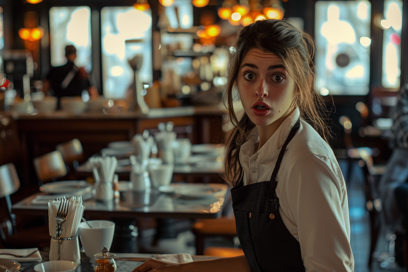 A waitress with a shocked expression | Source: Midjourney