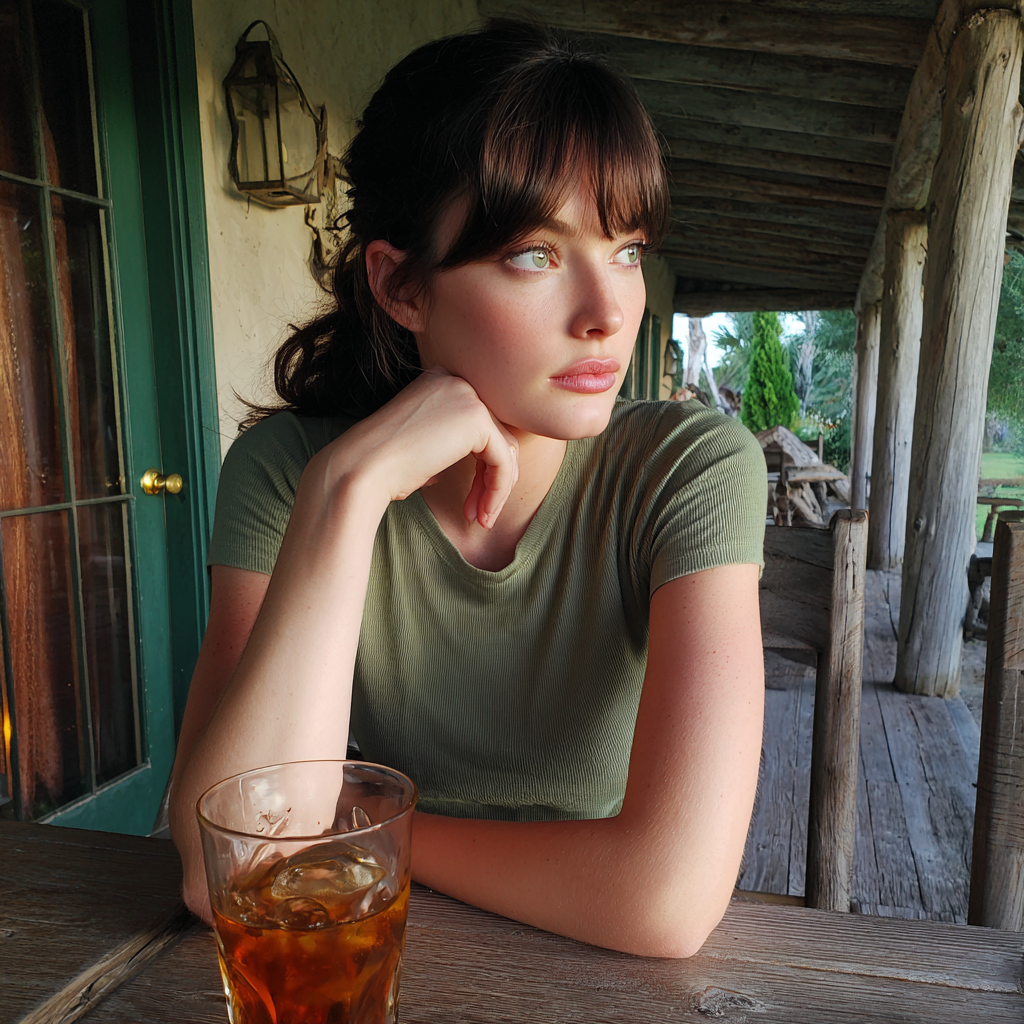 A young woman sitting at a table with a glass of iced tea | Source: Midjourney