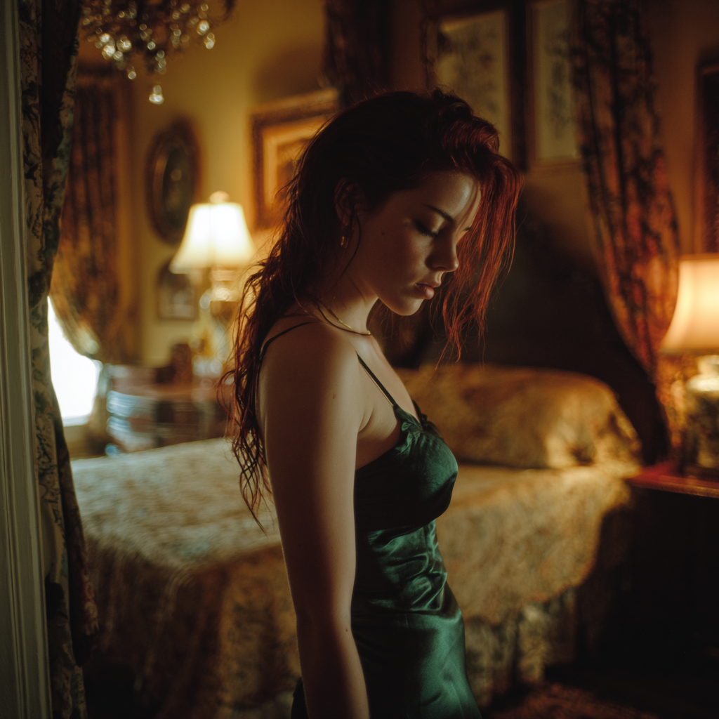 A woman wearing a green silk dress | Source: Midjourney