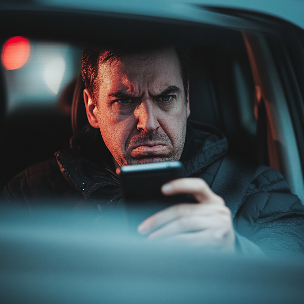 An angry man texting in his car | Source: Midjourney