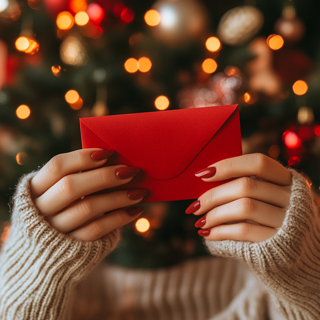 A woman holding an envelope | Source: Midjourney