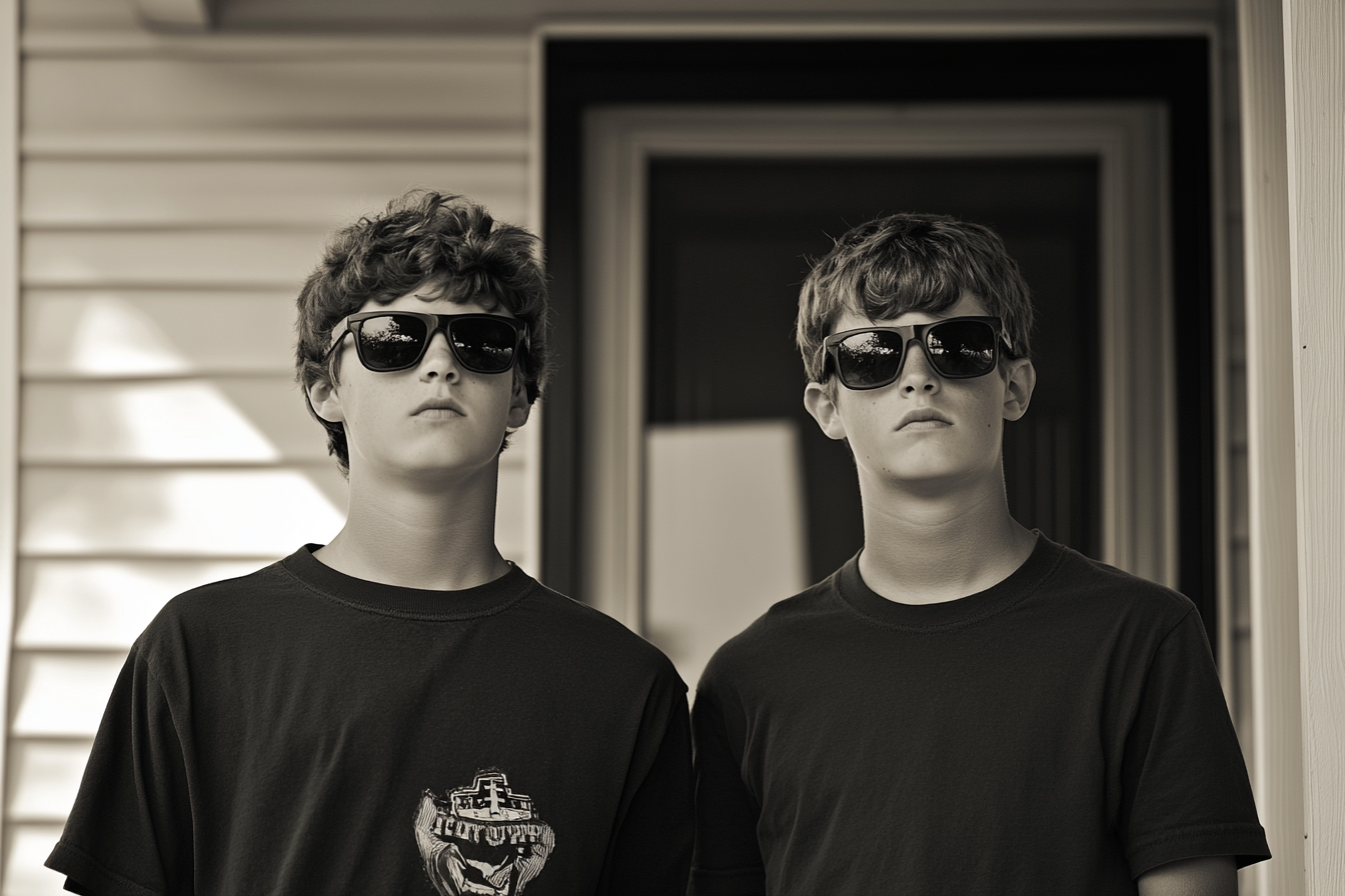 Two teen boys standing on a porch | Source: Midjourney