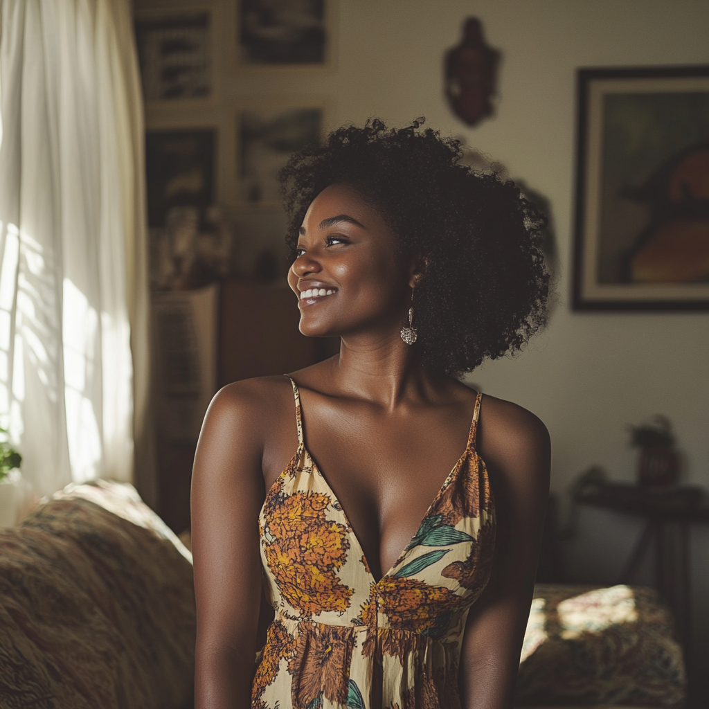 A smiling woman in a dress | Source: Midjourney