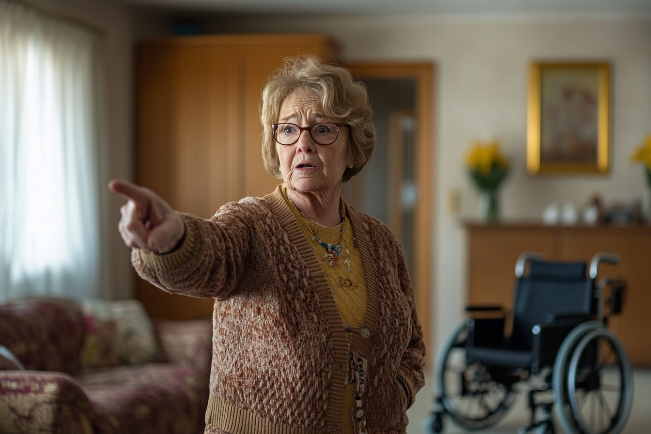 A mature woman standing in a living room pointing her finger | Source: Midjourney