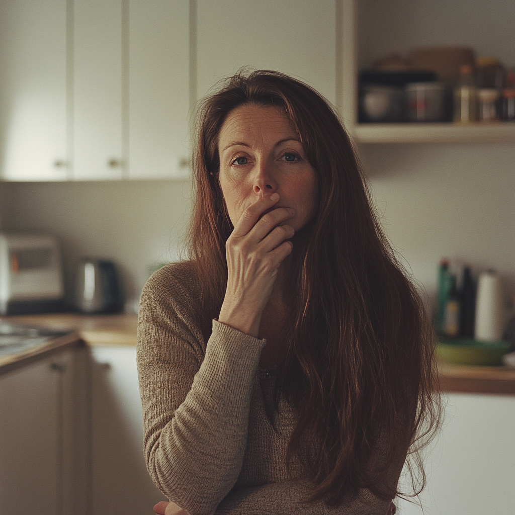 A woman in a kitchen with her hand on her mouth | Source: Midjourney