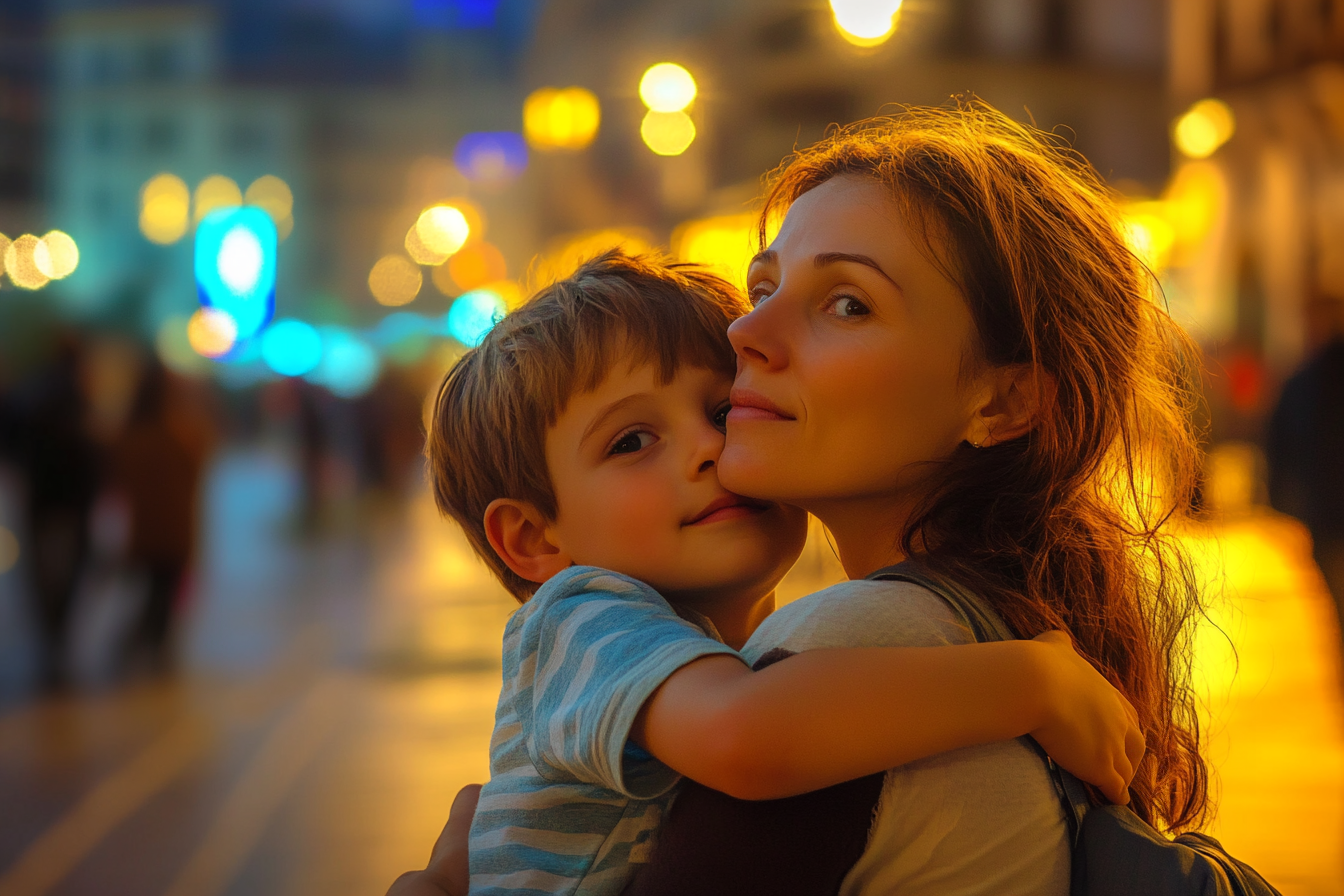 A woman holding her son | Source: Midjourney