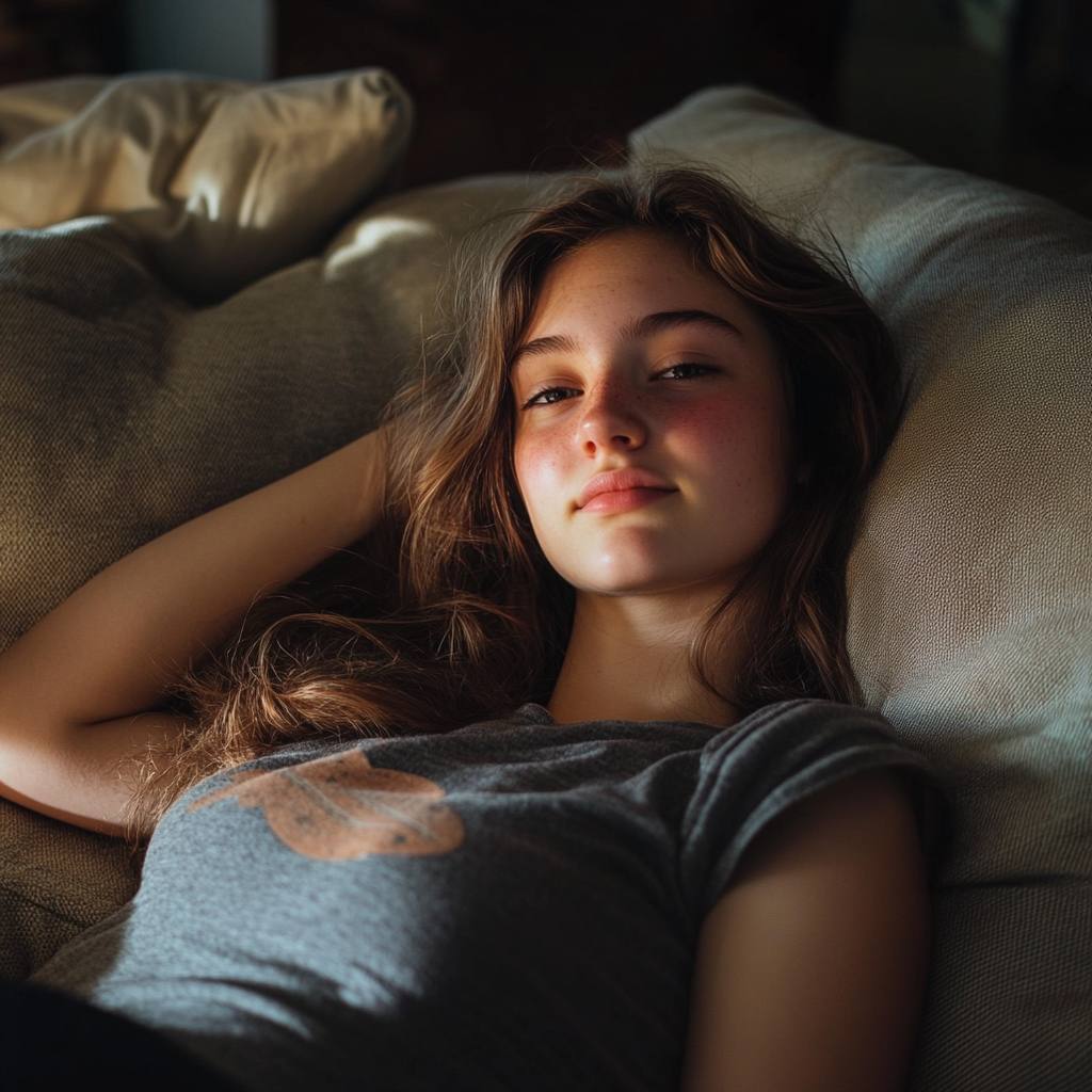 A smiling girl on her living room couch | Source: Midjourney