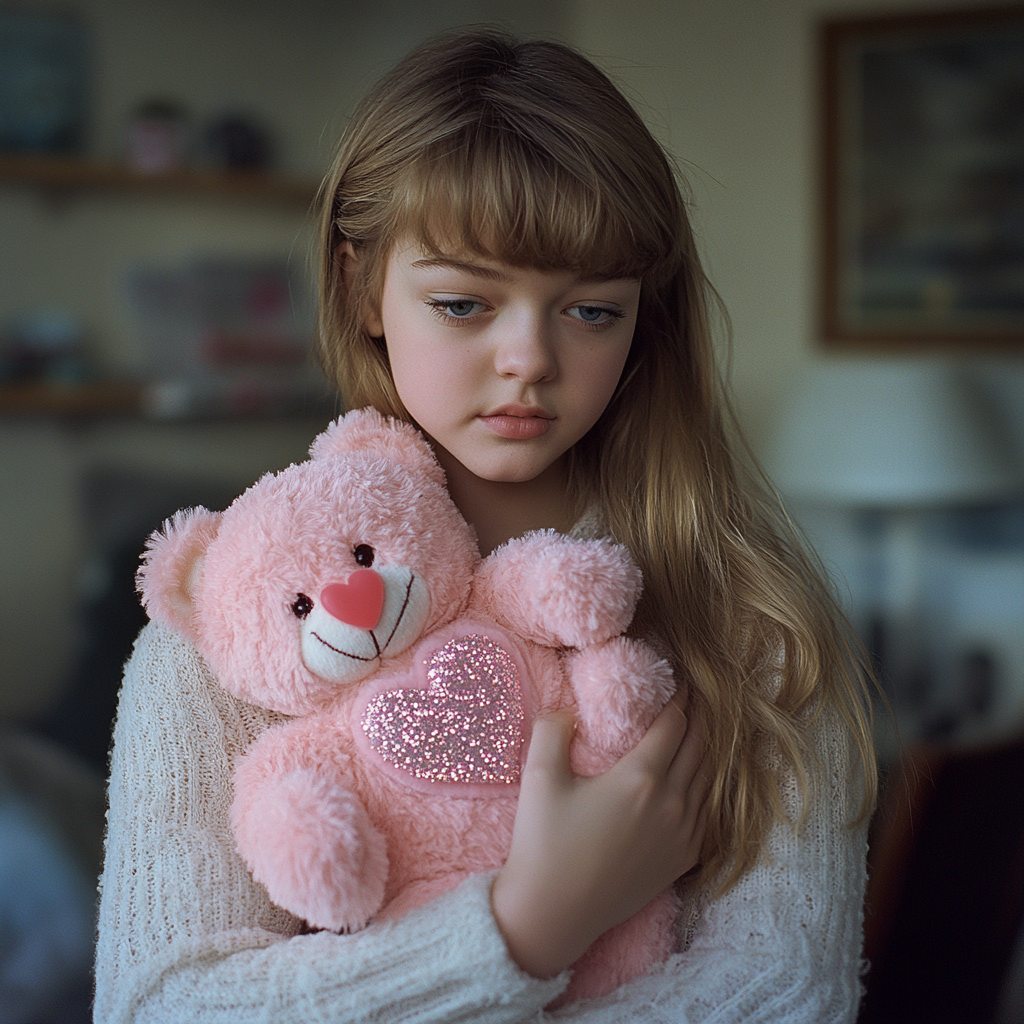 An unhappy girl clutching a teddy bear | Source: Midjourney
