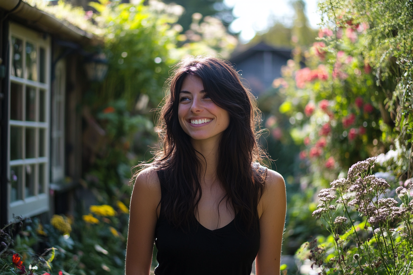 A woman walking in a garden | Source: Midjourney