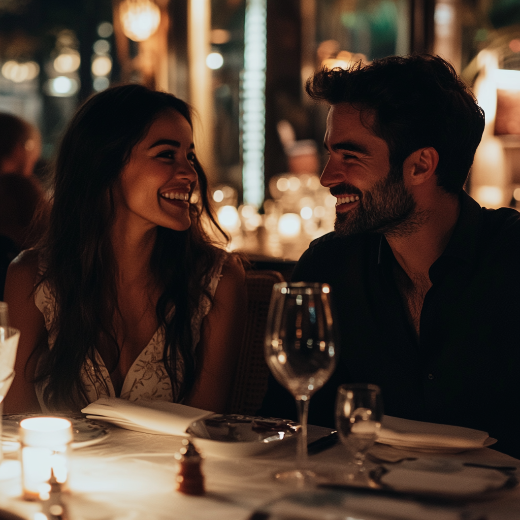 Man and woman in a fancy restaurant having dinner | Source: Midjourney