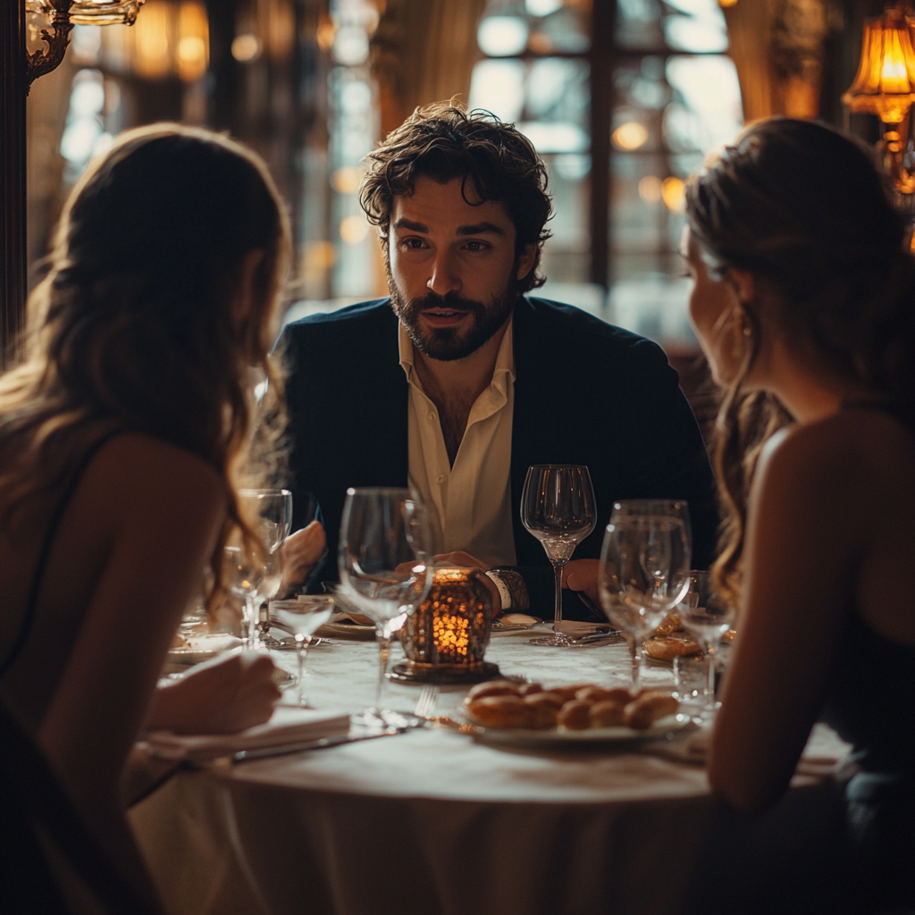 Tense man talking to two women at a dinner table | Source: Midjourney