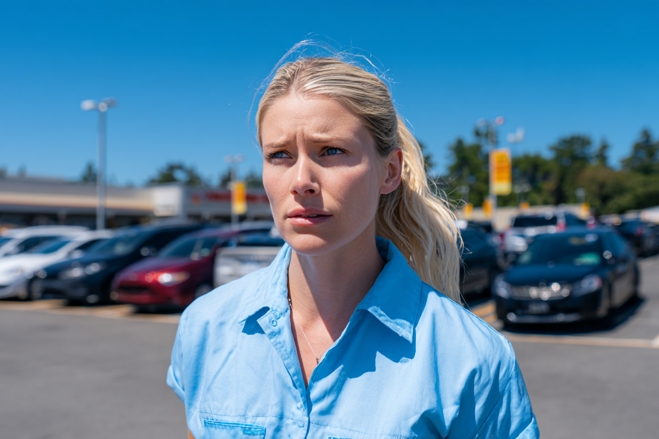 A concerned-looking woman standing in a parking lot | Source: Midjourney