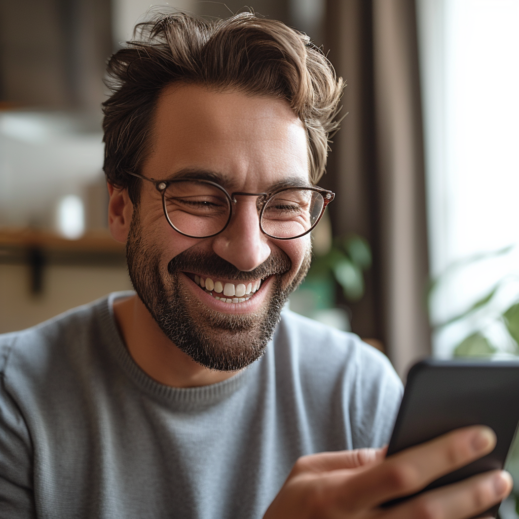 Un homme rit en regardant l'écran de son téléphone | Source : Midjourney