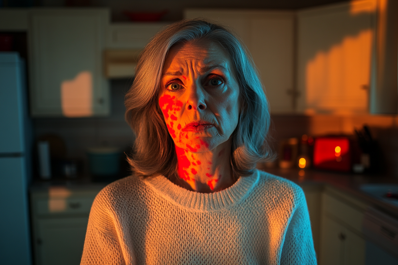 Woman in her 50s with red hives on her face from an allergy in the kitchen | Source: Midjourney