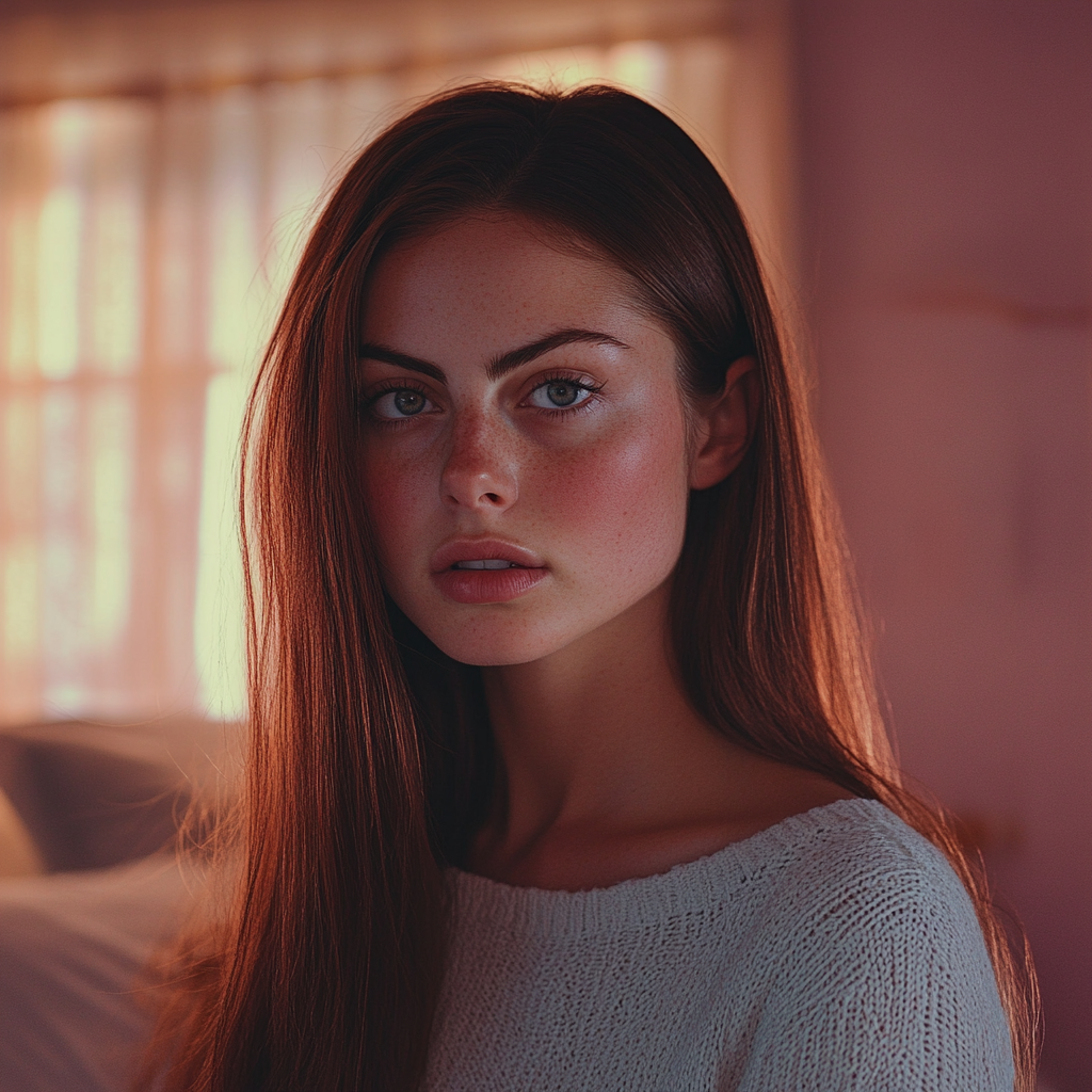 An emotional woman standing in a pink bedroom | Source: Midjourney