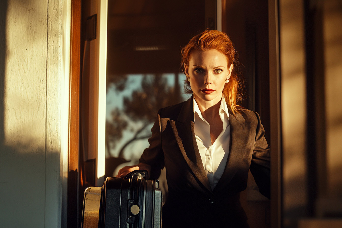 A woman in work clothes rolling a suitcase through the front door | Source: Midjourney